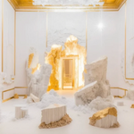 ADVENTURE #41 limited edition art print — a white marble hall overtaken by luminous crystal formations and gold, with a gilded doorway at its centre, by DOTCOM ART