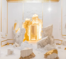 ADVENTURE #41 limited edition art print — a white marble hall overtaken by luminous crystal formations and gold, with a gilded doorway at its centre, by DOTCOM ART