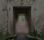 PORTONE fine art print showing a weathered stone doorway with an ornate pediment, dark open passage and overgrown greenery