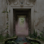 PORTONE fine art print showing a weathered stone doorway with an ornate pediment, dark open passage and overgrown greenery