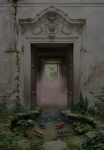 PORTONE fine art print showing a weathered stone doorway with an ornate pediment, dark open passage and overgrown greenery